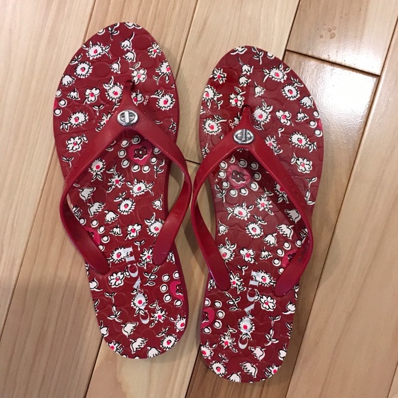 Coach Women Red Floral Flip Flops Size 7-8 - Picture 2 of 4